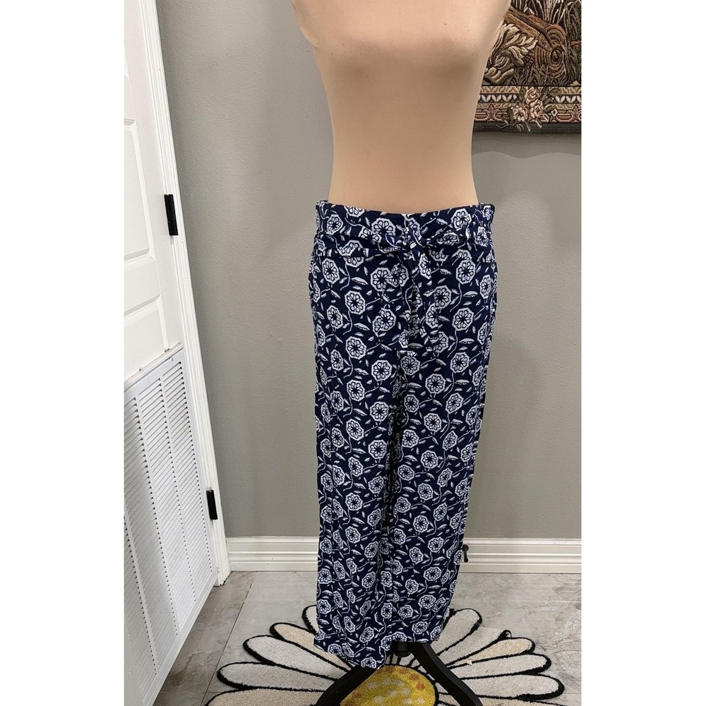 Ann Taylor Pants Womens Medium Blue Floral Wide Leg Belted Ankle‎ Crop Crepe